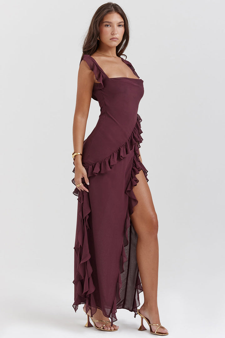 Ruffle Split Maxi Dress | Quadratischer Ausschnitt, Aermellos, Drapierter Saum