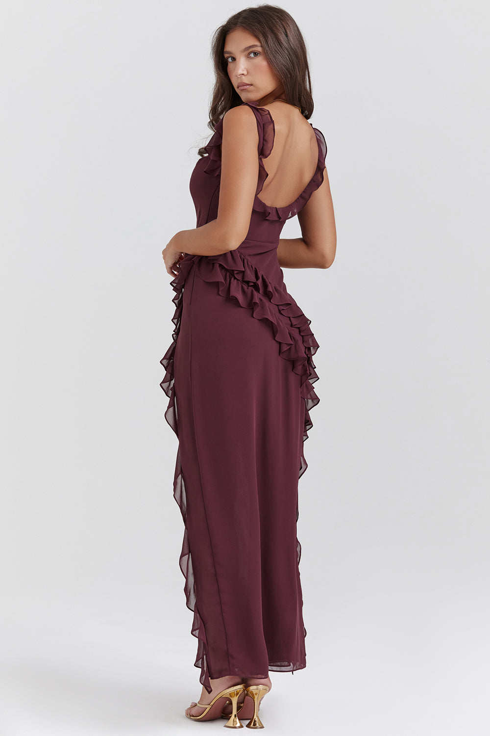 Ruffle Split Maxi Dress | Quadratischer Ausschnitt, Aermellos, Drapierter Saum