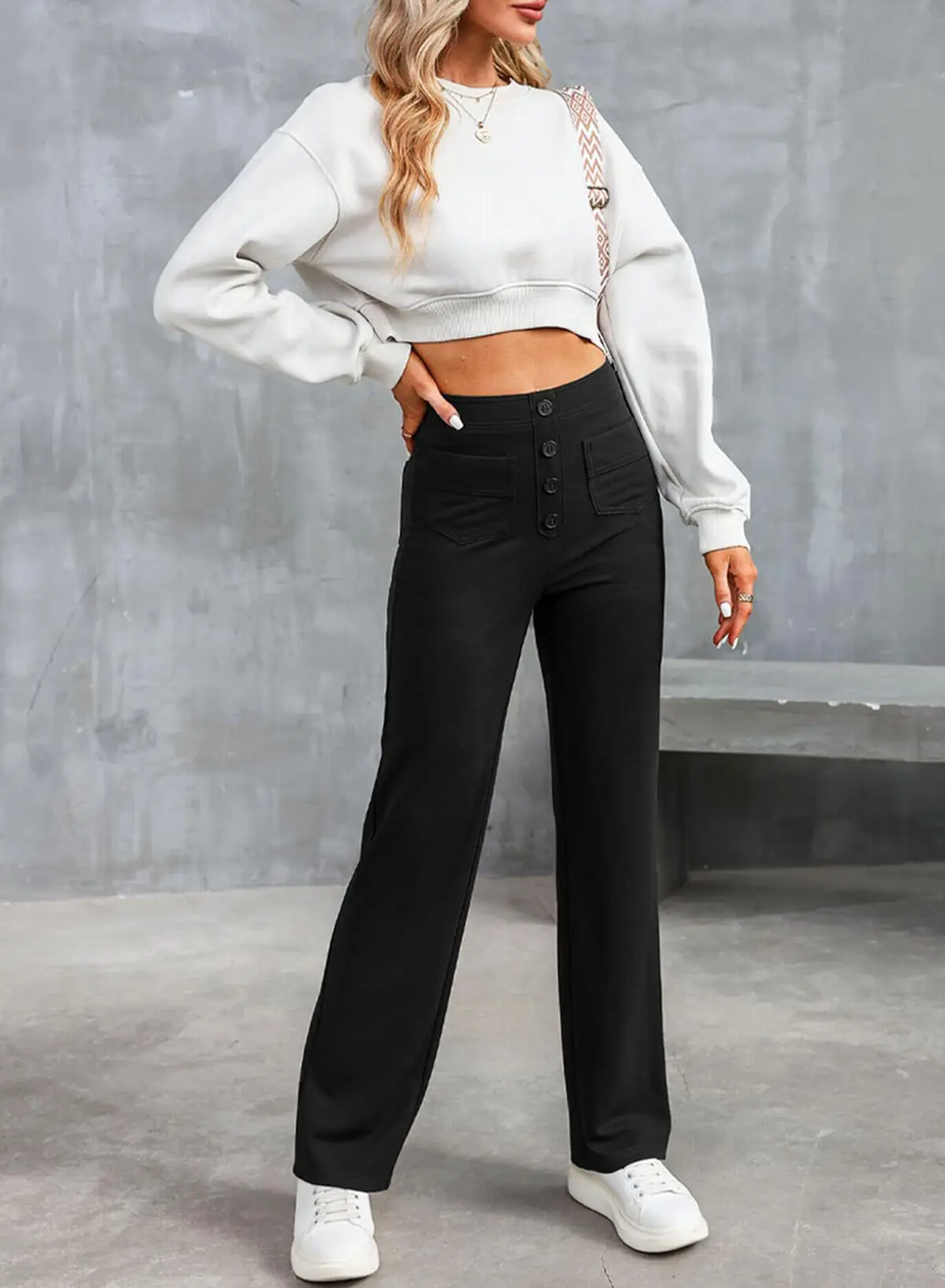 Hose High-Waist Weite Bein mit Taschen-Details