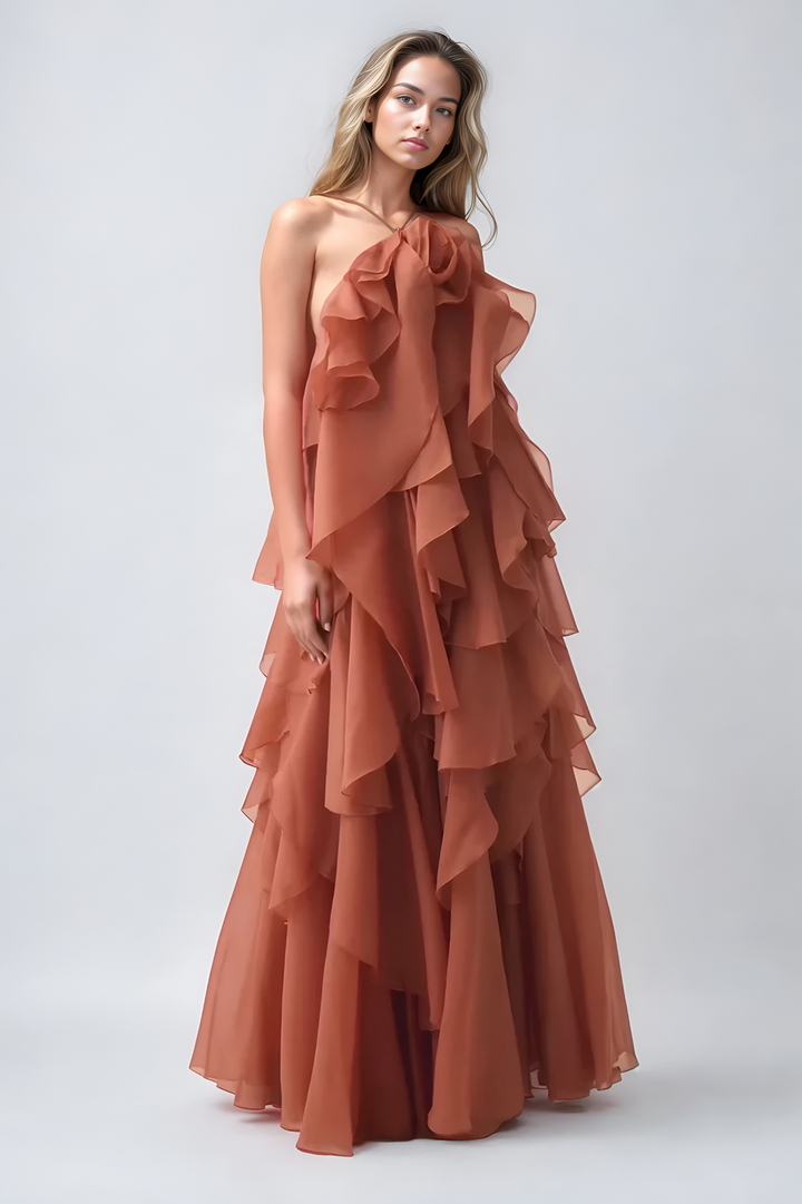 Glanzstück Livora Ruffled Maxi Dress | Halterneck | Layered Chiffon