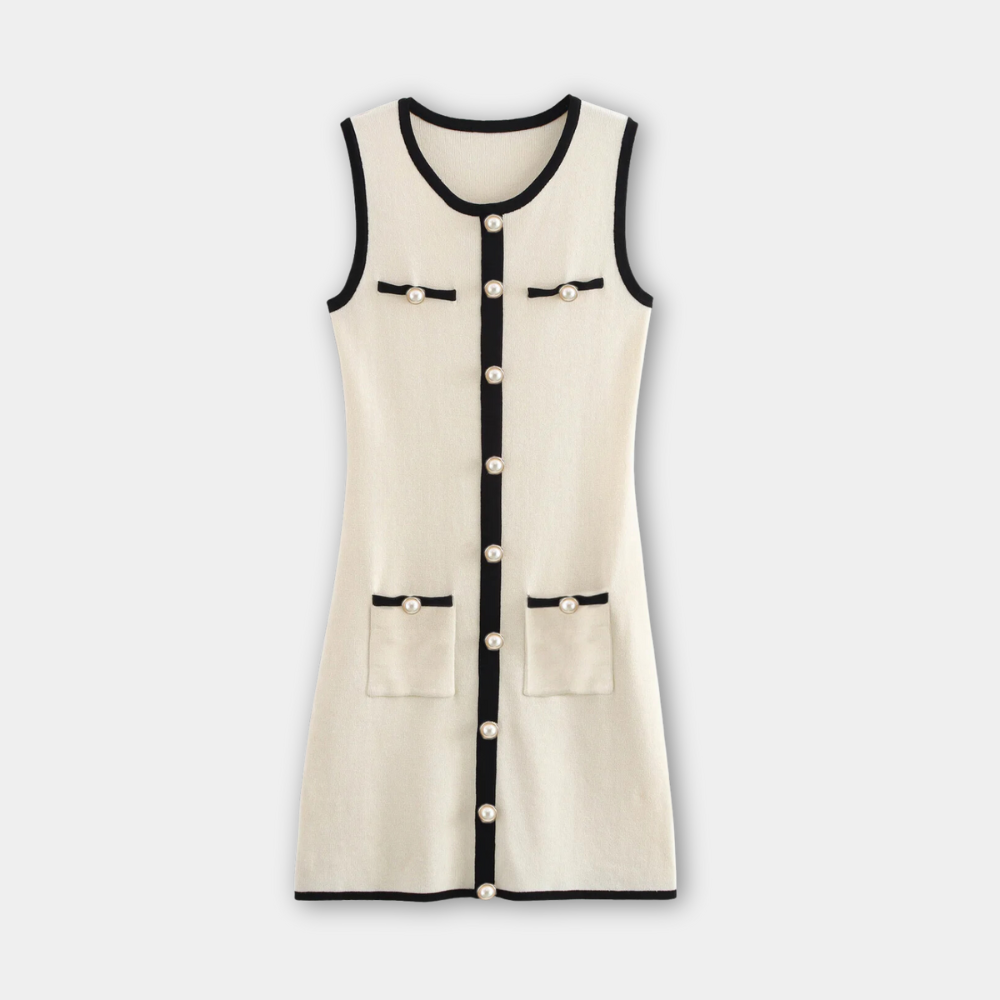 Aermelloses Strick Mini Kleid | Kontrastbesatz | Knopf vorne | Slim Fit