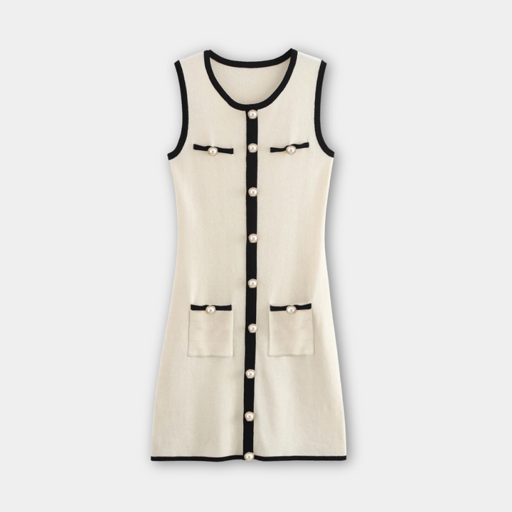 Aermelloses Strick Mini Kleid | Kontrastbesatz | Knopf vorne | Slim Fit