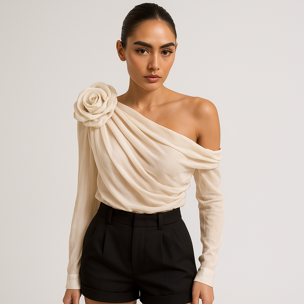 Glanzstück One-Shoulder Draped Blouse | 3D Floral Detail