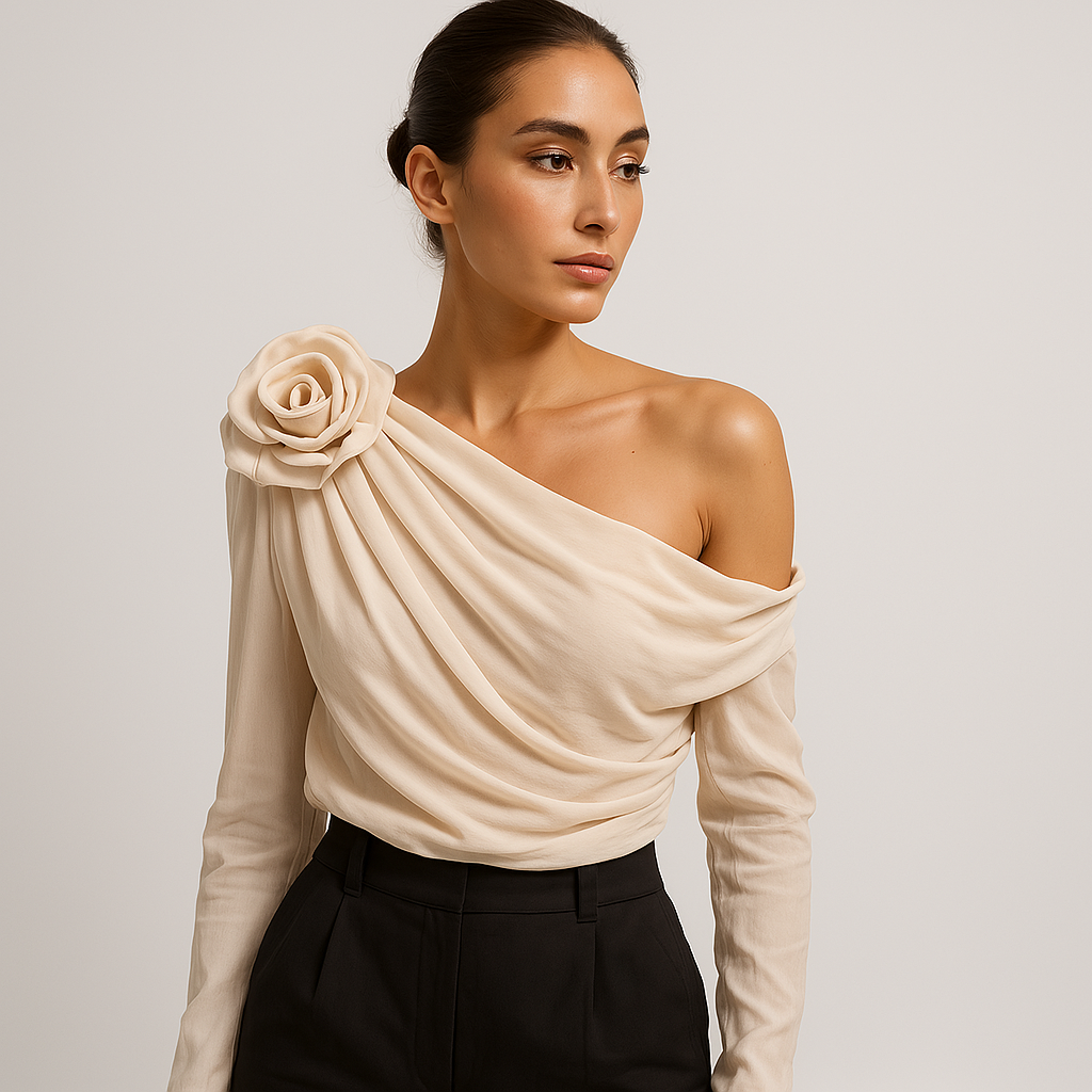 Glanzstück One-Shoulder Draped Blouse | 3D Floral Detail