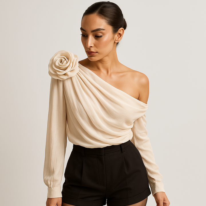 Glanzstück One-Shoulder Draped Blouse | 3D Floral Detail