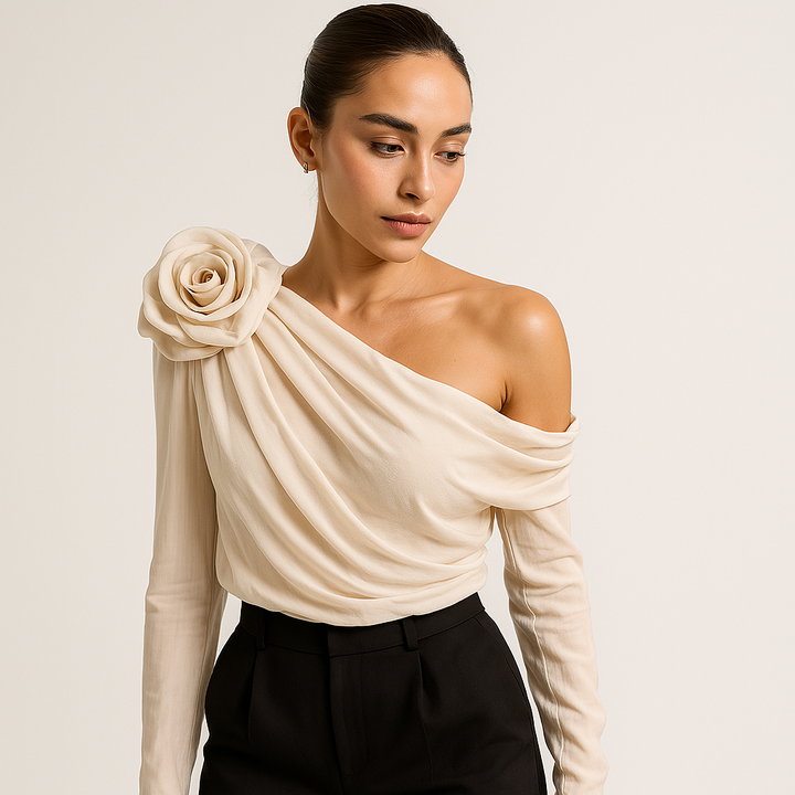 Glanzstück One-Shoulder Draped Blouse | 3D Floral Detail