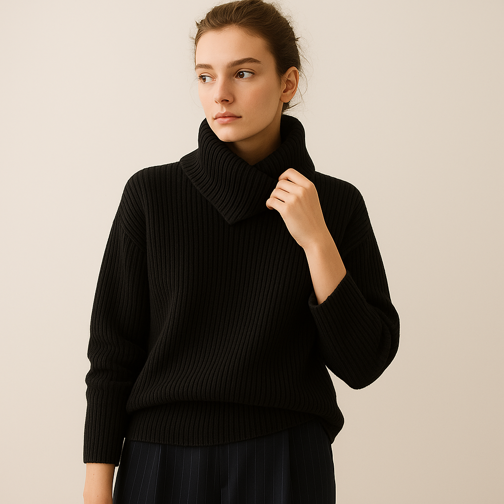 Woll Ripp Turtleneck Pullover | Asymmetrischer Kragen | Lockere Passform