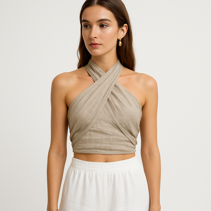 Leinen Kreuz Halter Top | Drapiertes Front | Cropped Fit