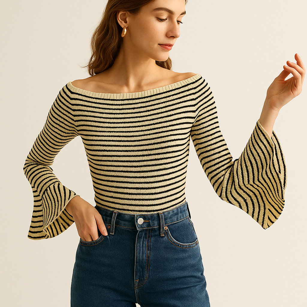 Gestreiftes Rippstrick Top | Off-Shoulder | Ausgestellte Ärmel