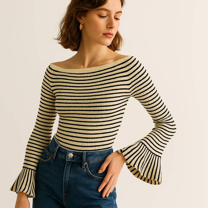 Gestreiftes Rippstrick Top | Off-Shoulder | Ausgestellte Ärmel
