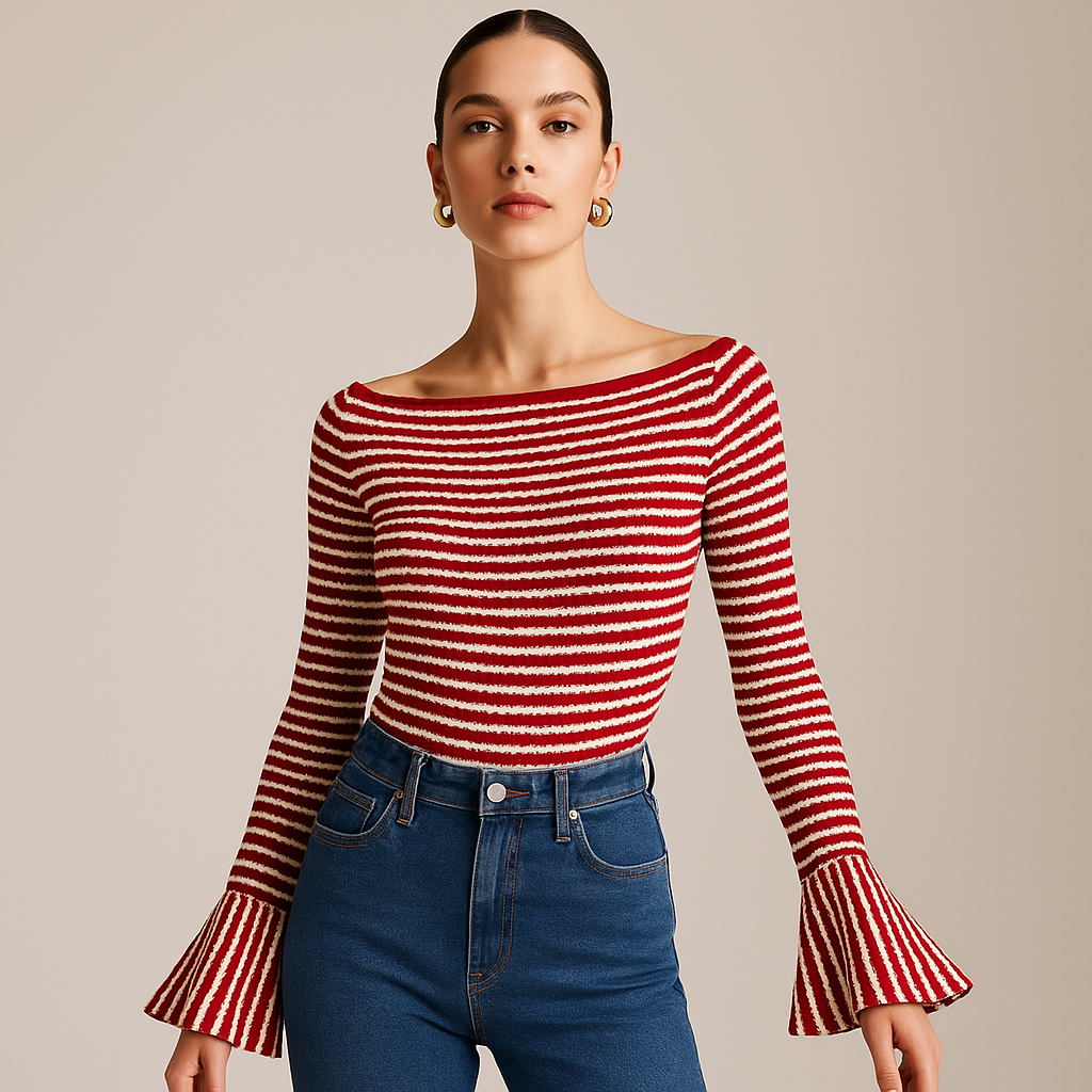 Gestreiftes Rippstrick Top | Off-Shoulder | Ausgestellte Ärmel