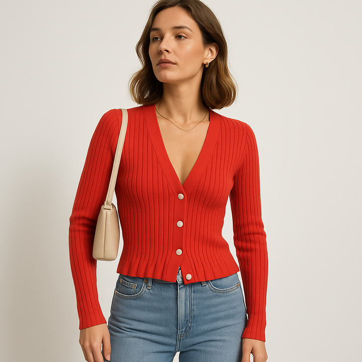 Gerippter Knopf Cardigan | V-Ausschnitt | Slim Fit