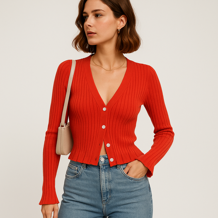 Gerippter Knopf Cardigan | V-Ausschnitt | Slim Fit