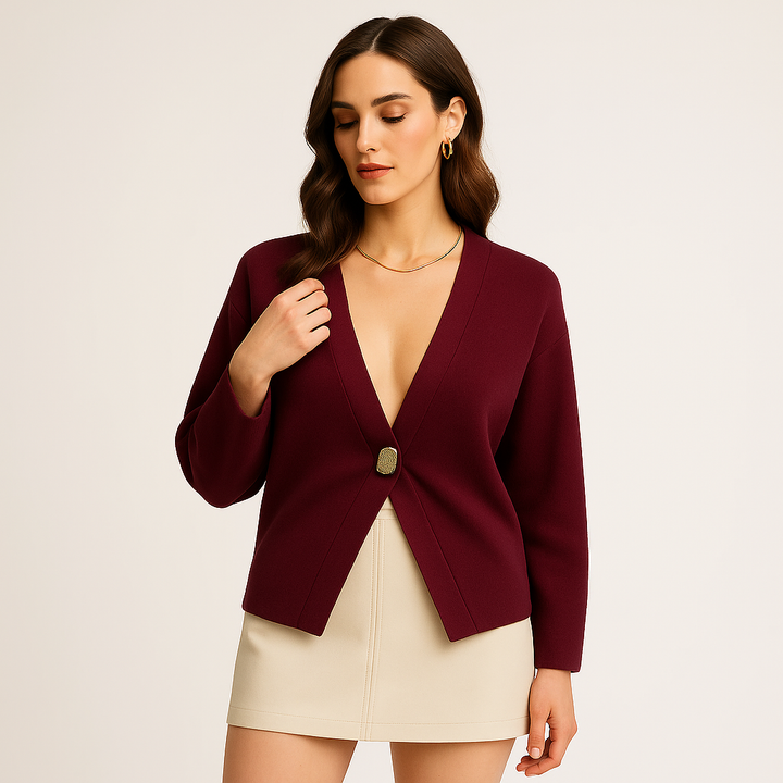 Minimalistischer Goldknopf Cardigan | Tiefer V-Ausschnitt | Modernes Strick