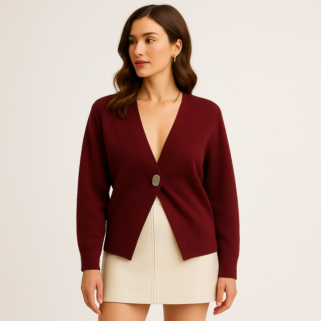 Minimalistischer Goldknopf Cardigan | Tiefer V-Ausschnitt | Modernes Strick