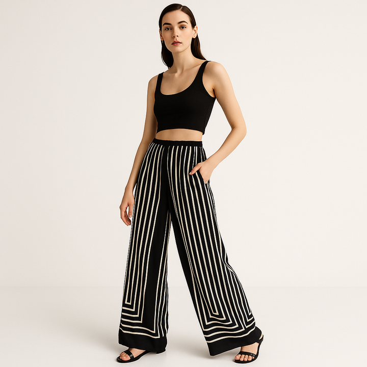 Weite Bein Seidenhose | Geometrische Streifen | Modernes Aussehen