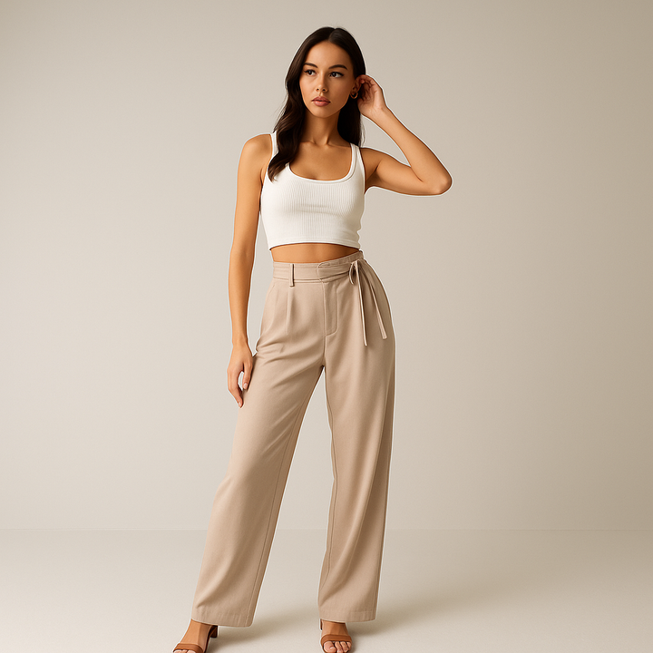 Weite Bein High-Waist Hose | Mit Bindegurt | Fluide Silhouette