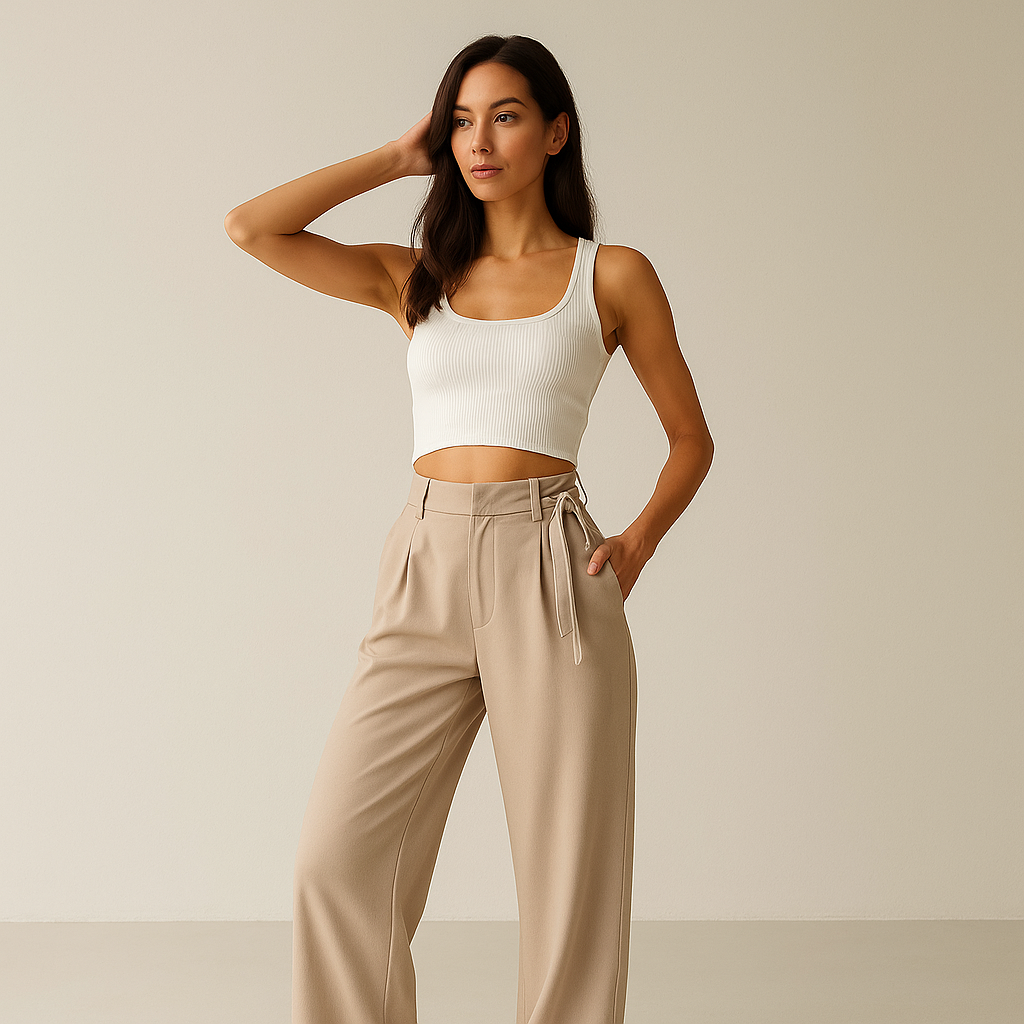 Weite Bein High-Waist Hose | Mit Bindegurt | Fluide Silhouette