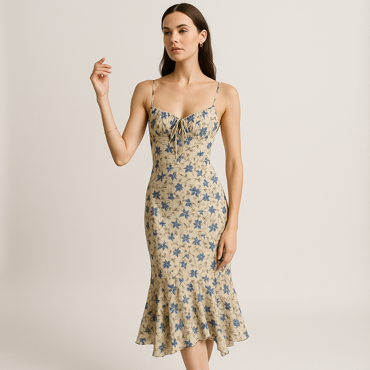 Blumen Midi Kleid | Blaues Blütenmuster | Romantische Französische Silhouette