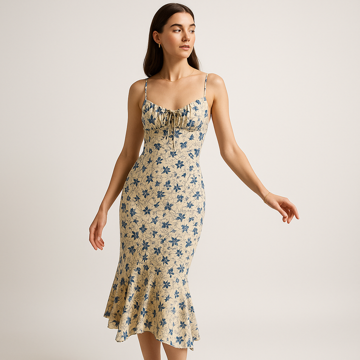Blumen Midi Kleid | Blaues Blütenmuster | Romantische Französische Silhouette