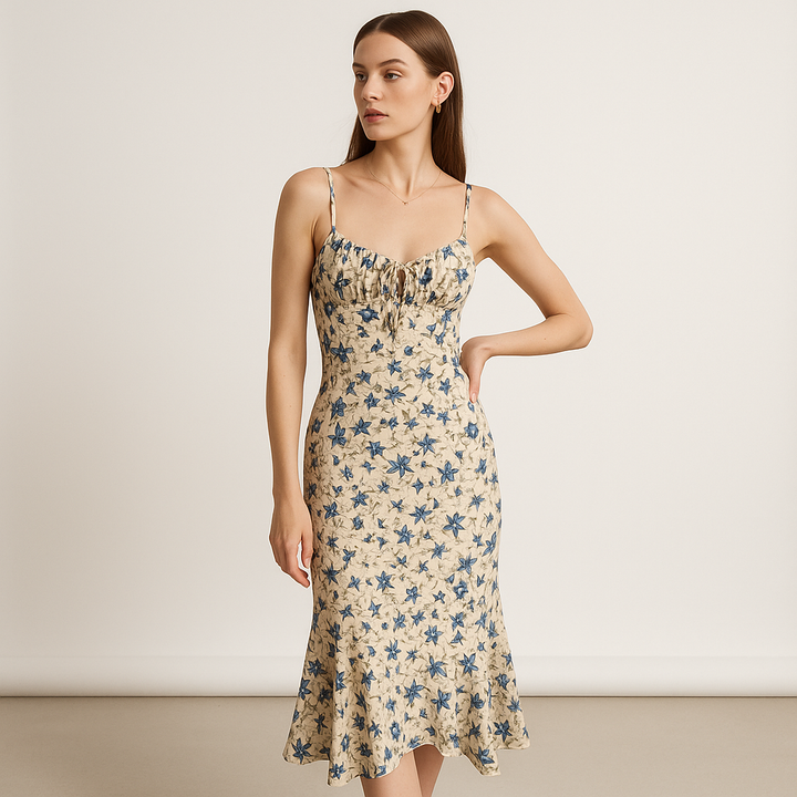 Blumen Midi Kleid | Blaues Blütenmuster | Romantische Französische Silhouette