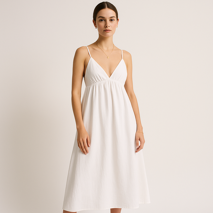 Baumwoll Midi Kleid | V-Ausschnitt | Verstellbare Spaghetti-Träger