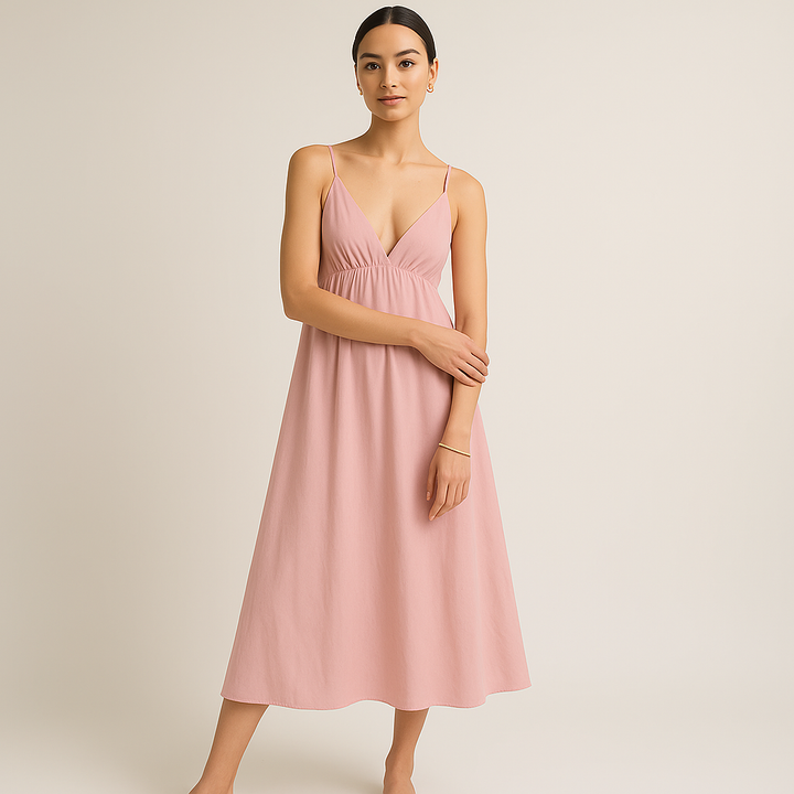 Baumwoll Midi Kleid | V-Ausschnitt | Verstellbare Spaghetti-Träger