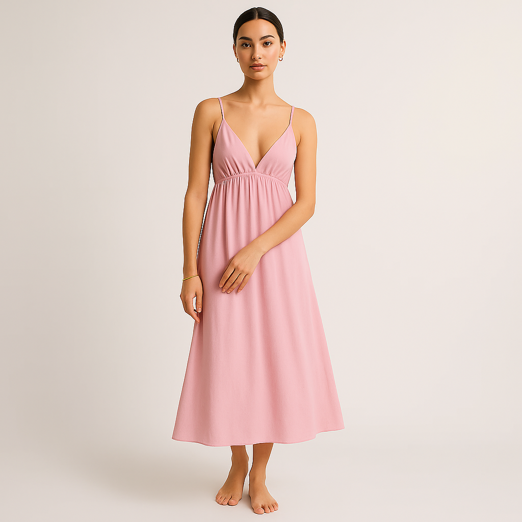 Baumwoll Midi Kleid | V-Ausschnitt | Verstellbare Spaghetti-Träger