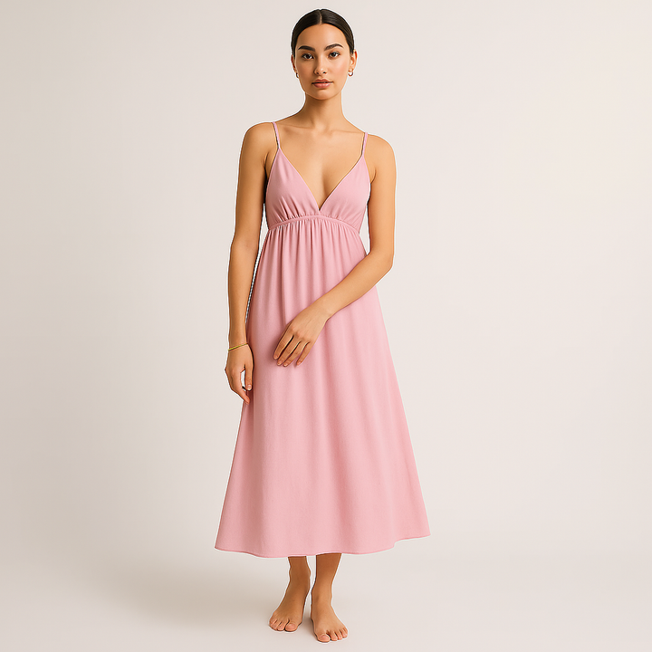 Baumwoll Midi Kleid | V-Ausschnitt | Verstellbare Spaghetti-Träger