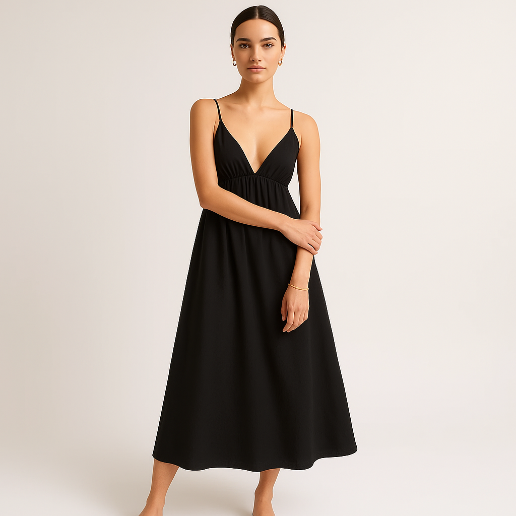 Baumwoll Midi Kleid | V-Ausschnitt | Verstellbare Spaghetti-Träger