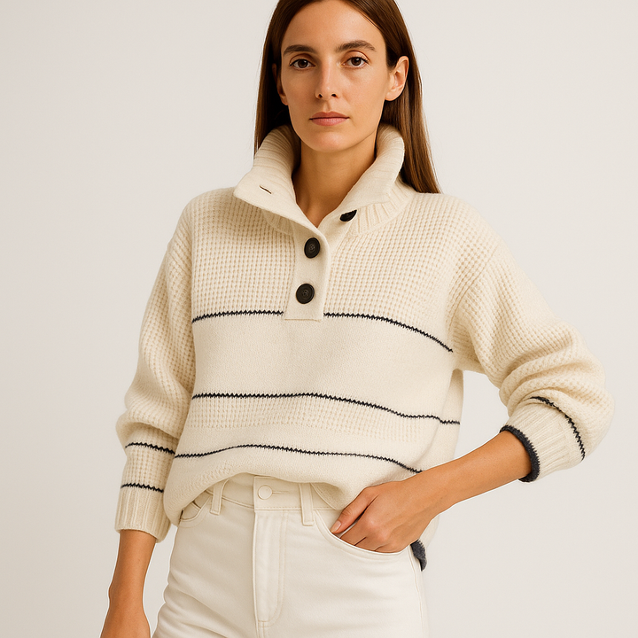 Gestreifter Knopf Pullover | Creme Baumwolle Strick | Müheloser Französischer Stil