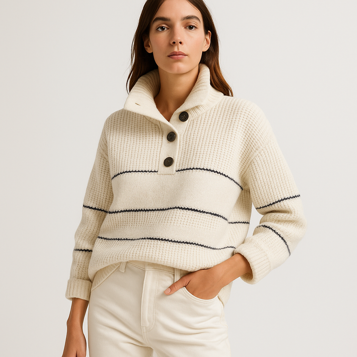 Gestreifter Knopf Pullover | Creme Baumwolle Strick | Müheloser Französischer Stil