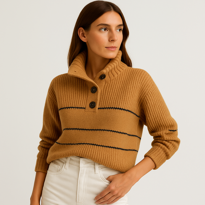 Gestreifter Knopf Pullover | Creme Baumwolle Strick | Müheloser Französischer Stil