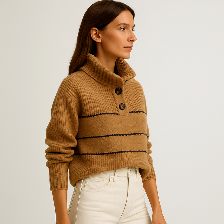 Gestreifter Knopf Pullover | Creme Baumwolle Strick | Müheloser Französischer Stil