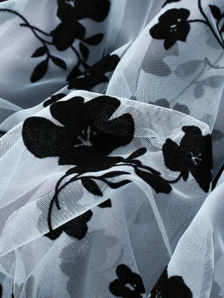 Plissierter Midi Rock | Sheer Floral Mesh Overlay | A-Linie Silhouette