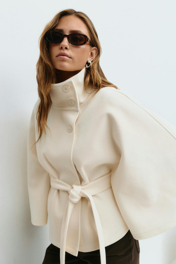 Cape Jacke mit Gürtel | Stehkragen | Herbst Winter Lagenlook