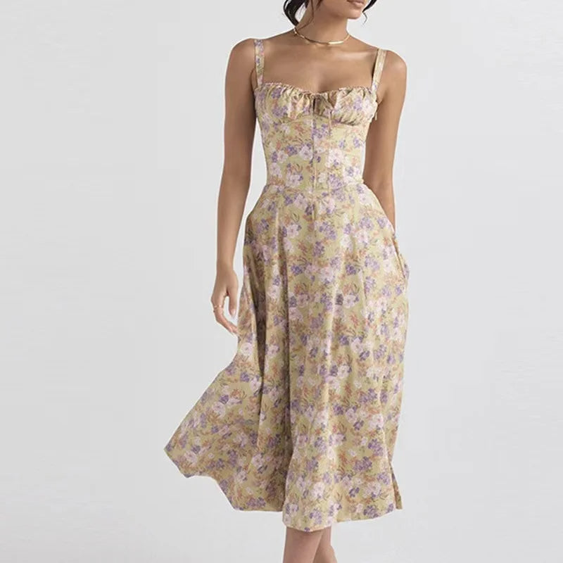 Kleid Lichtglanz Floral Corset Midi | Sweetheart Ausschnitt, Schlitzrock, Spaghetti-Träger