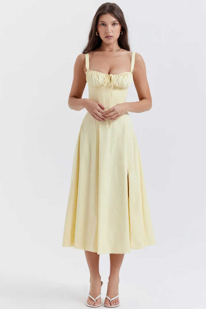 Kleid Lichtglanz Floral Corset Midi | Sweetheart Ausschnitt, Schlitzrock, Spaghetti-Träger