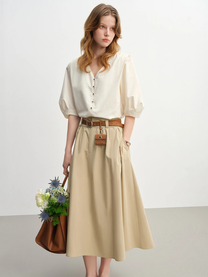 V-Ausschnitt Puffärmel Bluse | Relaxed Fit | Knopfdetails