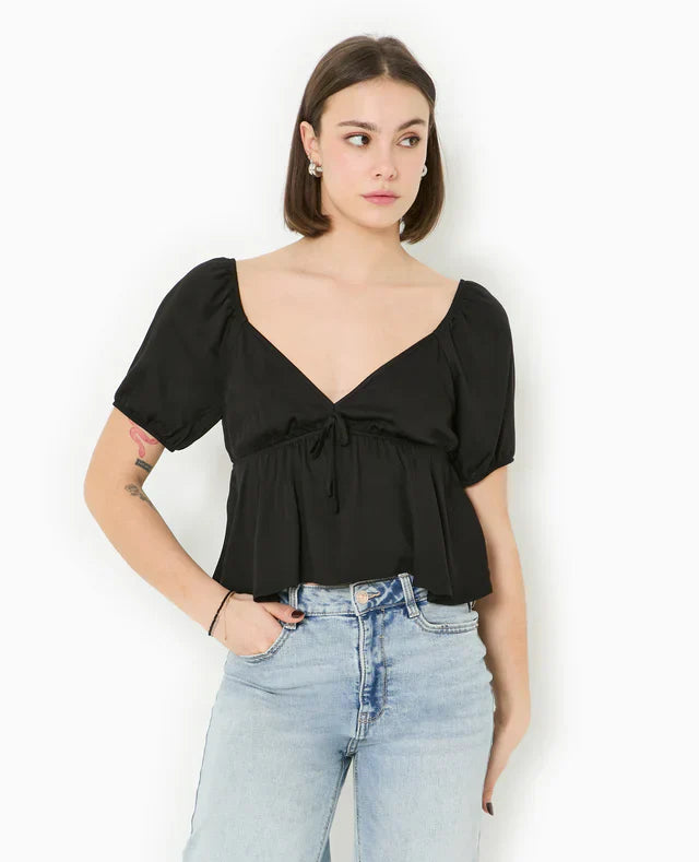 Peplum Bluse | Puffärmel | V-Ausschnitt | Leichtes Sommeroberteil