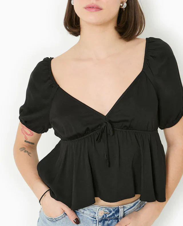 Peplum Bluse | Puffärmel | V-Ausschnitt | Leichtes Sommeroberteil