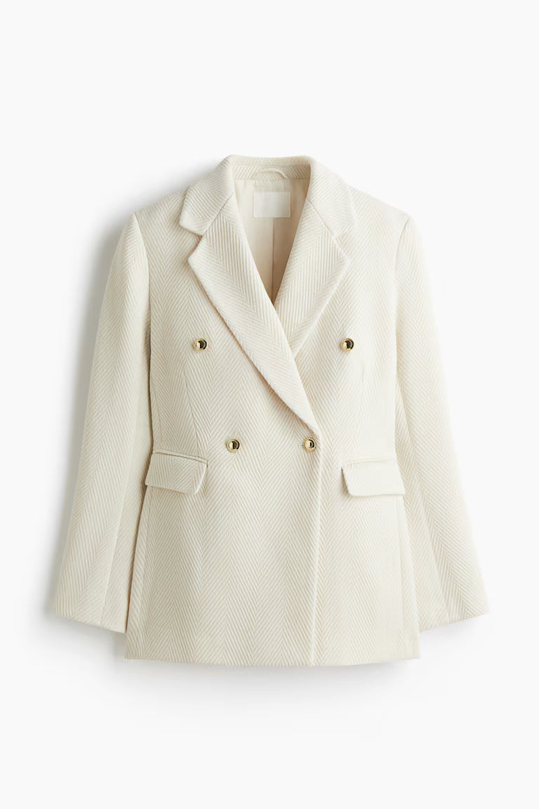 Langer Wollmix Mantel | Chevron Gewebe | Doppelreihige Goldene Knöpfe