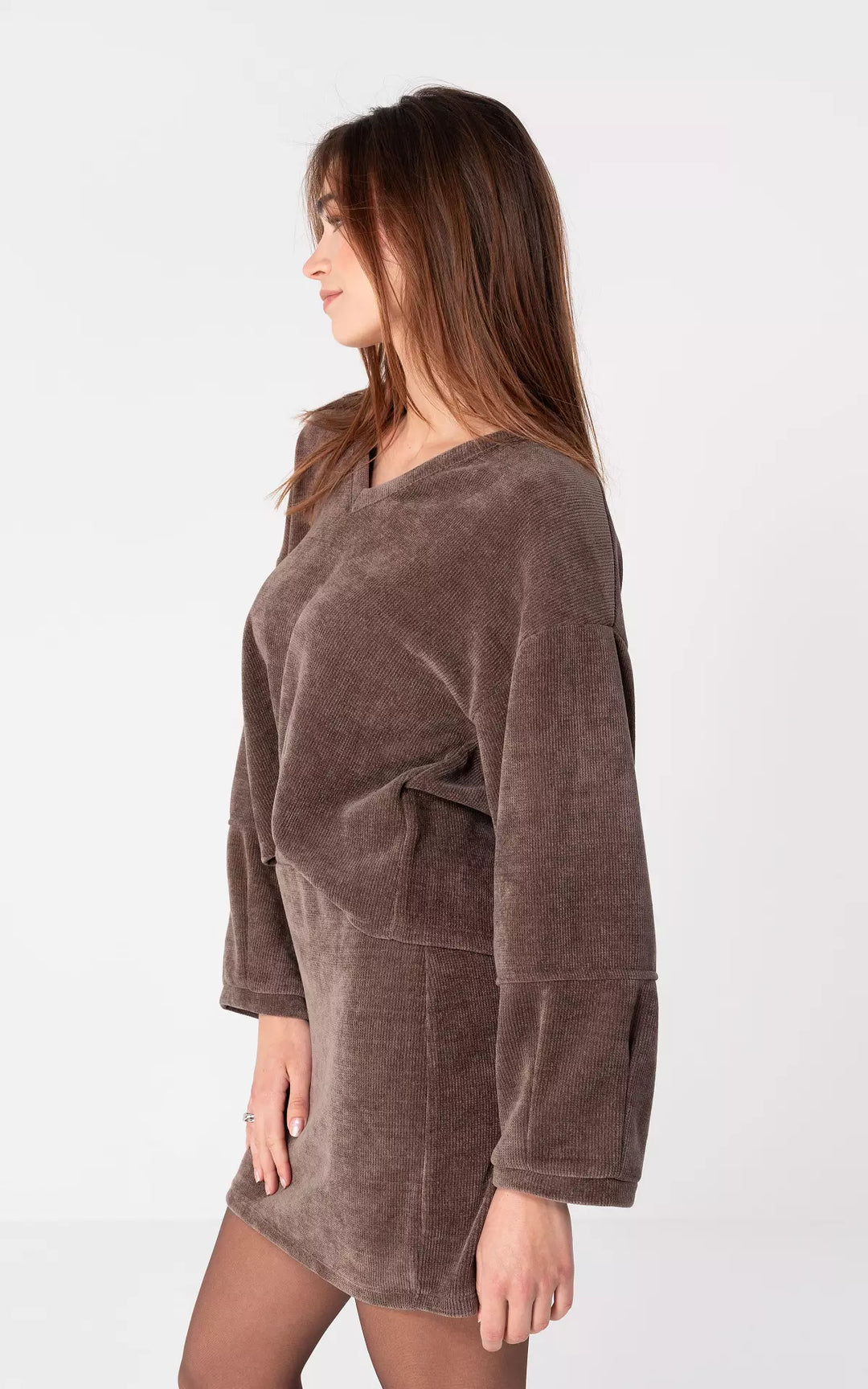 Strick Mini Kleid Set | V-Ausschnitt Pullover & Rock | Weiches Gemischtes Garn