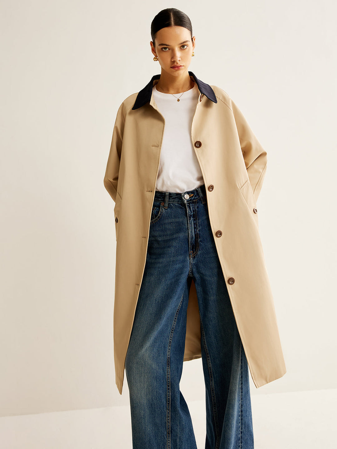 Trench Coat | Beige | Mit Kontrastkragen | Mittellang