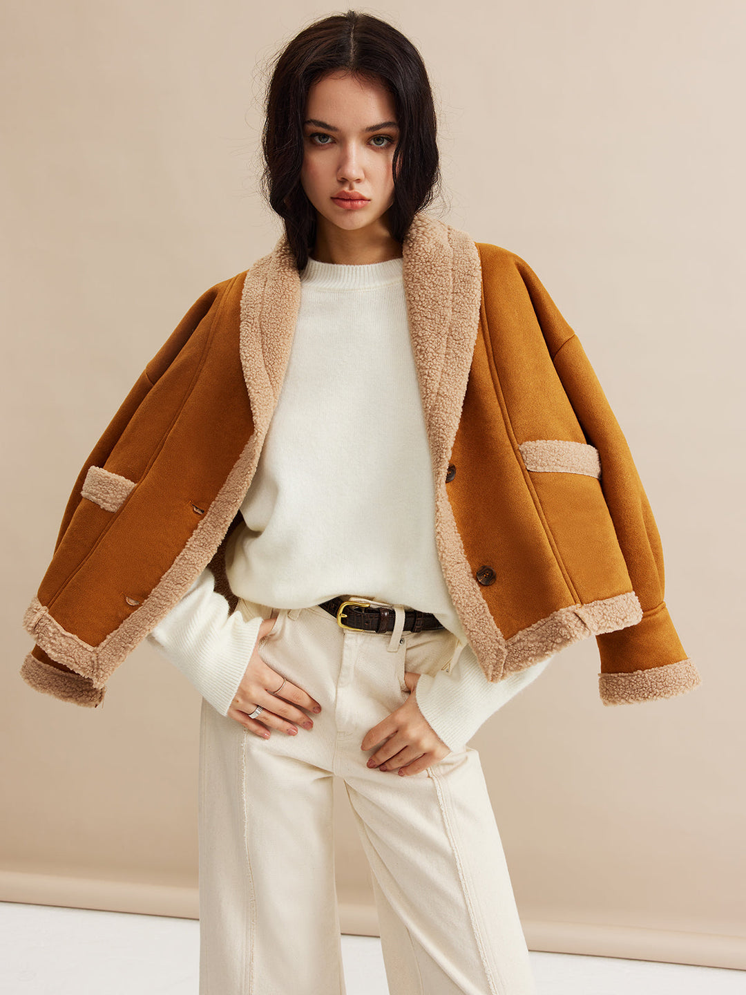 Jacke in Camel mit Kontrast | Faltkragen | Weiches Gewebe