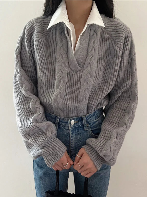 Kabelstrick V-Ausschnitt Pullover | Umgeschlagener Kragen | Lockere Passform