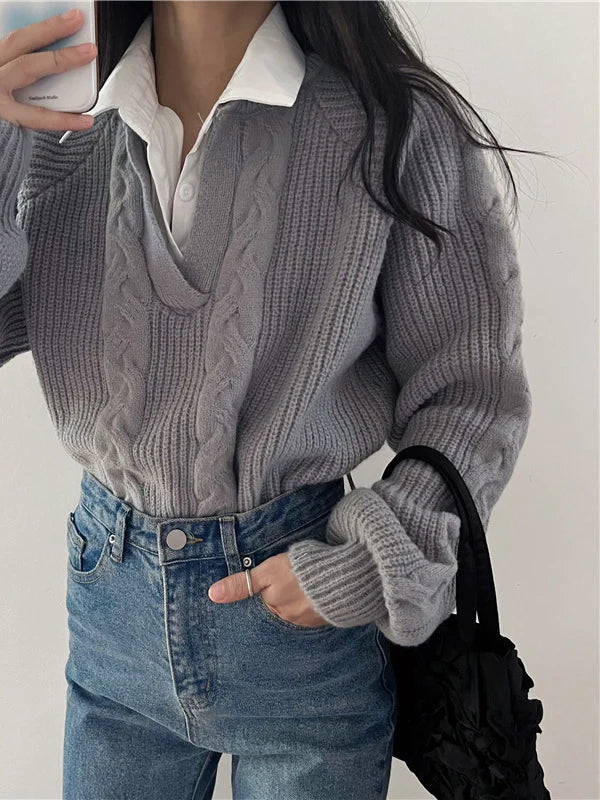 Kabelstrick V-Ausschnitt Pullover | Umgeschlagener Kragen | Lockere Passform