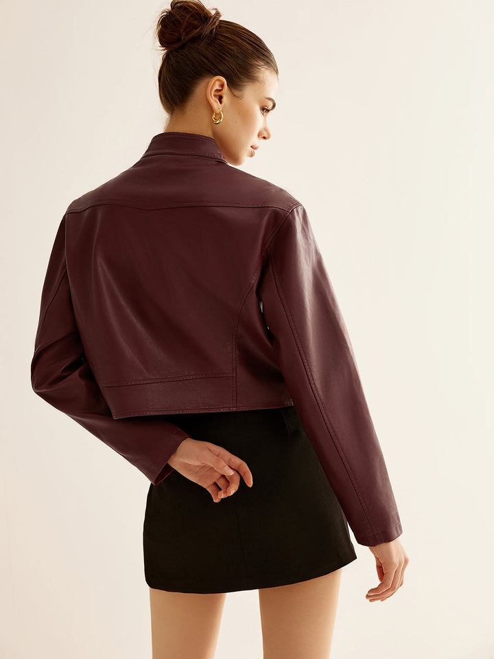 Cropped Kunstlederjacke | Stehkragen | Minimalistisches Design