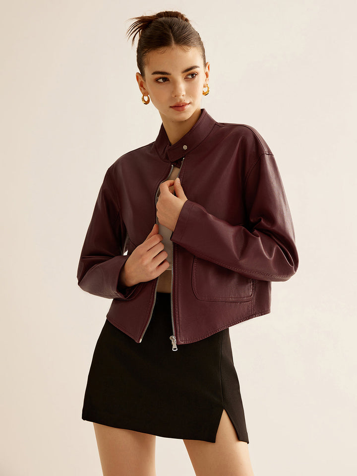 Cropped Kunstlederjacke | Stehkragen | Minimalistisches Design