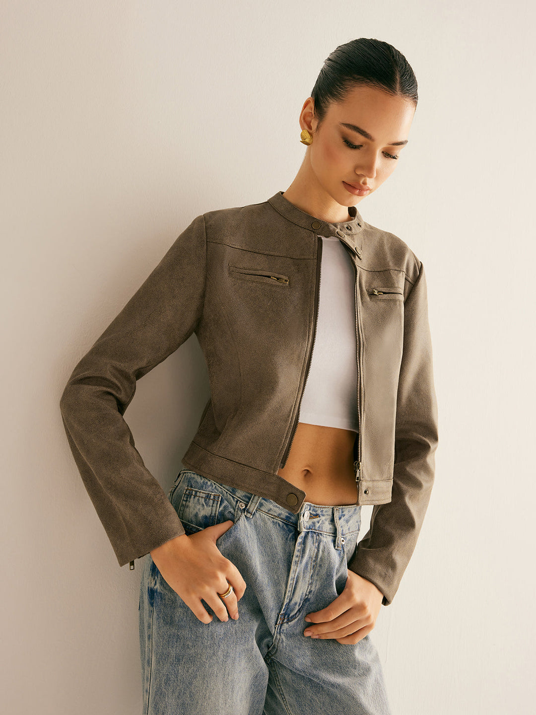 Cropped Suede-Look Jacke | Minimalistisch Moto Stil